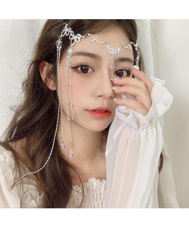 Chinese Retro Tassel Headpiece for Women - Rhinestone Festival Hairpin with Crystal Water Drop Tassels and Face Curtain Eyebrow Pendant in Silver - Buy Online on GoSupps.com