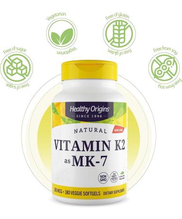 Healthy Origins Vitamin K2 MK-7 100mcg - 180 Vegetarian Softgels | High Strength, Lab Tested, Gluten-Free, Non-GMO - Buy Online on GoSupps.com