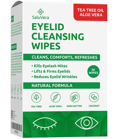 SaluVera Eyelid Wipes with Tea Tree Oil and Aloe Vera | Eye Cleansing Wipes for Dry and Itchy Eyes Relief | Natural Ingredients Eyelid Scrub for Daily Usage - Pack of 30