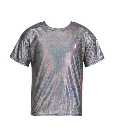 FEESHOW Kids Girls Sparkly Metallic Shiny T-Shirt Boys Short Sleeves Loose T-Shirt for Dance Performance Costume Black 9-10 Years