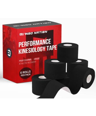 WOD Nation Kinesiology Tape Roll 6-Pack Latex Free Waterproof Athletic Tape Kinesio Tape Sports Tape for Pain Relief - Supports & Stabilizes Knee Muscles Joints - 2 Inch x 16.4 Feet Roll Black Black 6pk