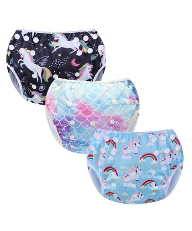 Codkkre swimming diaper baby reusable swimming diaper adjustable young girls 3 pieces of swimming trousers from 0 to 3 years (unicorn+rainbow+mermaid)