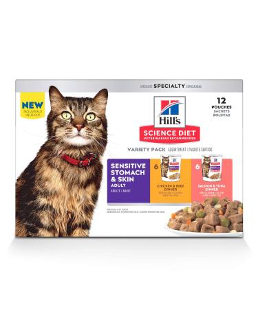 Hill's Science Diet Adult Sensitive Stomach & Skin Wet Cat Food Pouch 2.8 Ounce (Pack of 12) White