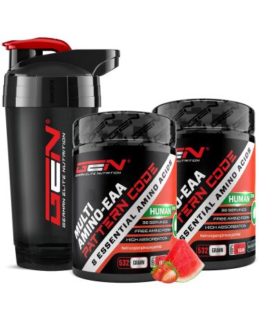 2x EAA powder Strawberry Watermelon + Premium Shaker - Human Code Formula - All 8 essential amino acids - Amino workout drink - Delicious taste - vegan (2x - 532 g) Shaker + 2x Strawberry Watermelon 532 g (2 -pack) + Shaker