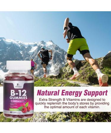 B12 Energy Gummies 3000 mcg - Extra Strength Vitamin B 12 Gummy for Metabolism & Immune System Support - Chewable Dietary B12 Supplements for Adults & Kids Caffeine Free Gummy Vitamin - 60 Gummies 60 Count (Pack of 1) - Buy Online on GoSupps.com