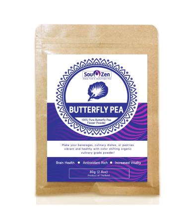 Sou Zen - 100% Blue Butterfly Pea Powder 2.8oz (80g) Culinary Grade | Premium Quality | Naturally Organic Superfood, Raw w/Antioxidants | Mix with Beverages, Smoothies and Baked Bread Goods