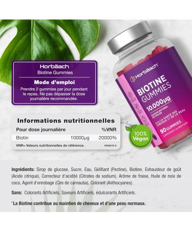 Biotine 10000 mcg Gummies | 90 Gommes V gan | Vitamines pour Cheveux Peau et Ongles | Saveur Naturel de Fraise | par Horbaach - Buy Online on GoSupps.com