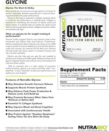 NutraBio Glycine Powder - Glycine Supplement- Free Form Amino Acid Supplement - 1000mg Serving - 150g 150 Servings - Buy Online on GoSupps.com