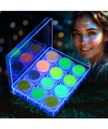 AOOWU 12 Colors Luminous Glitter Gel Chunky Glitter Makeup for Face Hair Body Cheeks and Nails Beautiful Sparkling Decoration Powder for Festival Party