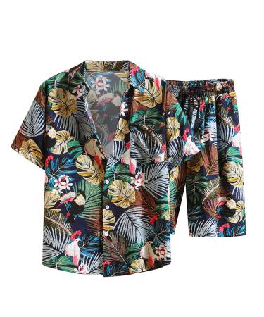 LOVEELY Men's Fashion Casual Hawaii Shirts Comfortable Short Sleeve Single-Breasted Lapel Shirt and Beach Shorts Suit Blue 5X-Large