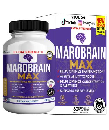 GREENVIFY MAROBRAIN MAX Extra Strength Brain Support Supplement 60 Capsules with Herbal Blend Vitamins A C D B-Complex DHA Grape Seed Bacopa (1)
