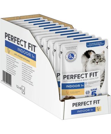 Perfect Fit Indoor 1+-Cat nacial lining in a portion bag for adult domestic cats from 1 year-with chicken and peas in sauce-anti-hair ball effect-cat food-portion bag (12 x 85g) chicken 85 g (12 pack) - Buy Online on GoSupps.com