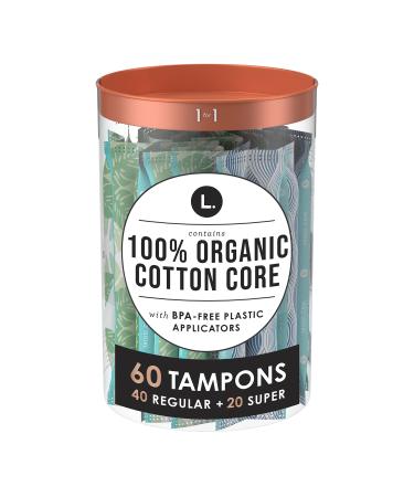 L. Organic Cotton Tampons Multipack, Regular/Super Absorbency, Free from Chlorine Bleaching Pesticides Fragrances Or Dyes, Bpa-Free Plastic Applicator, 30 Count X 2 Packs (60 Count Total)