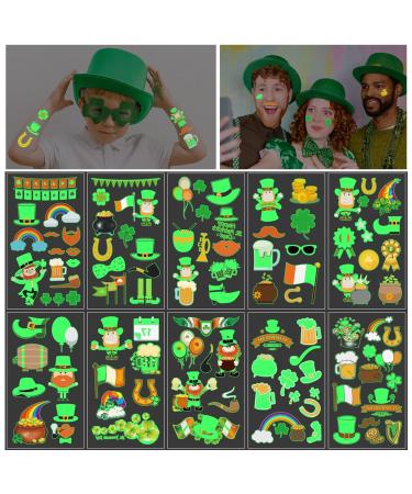 10 Sheets St Patrick's Day Tattoos Stickers Temporary Tattoo Stickers Shamrock Assorted Face Body Sticker for Saint Patrick's Day Decoration Irish Clover Themed Party Supplies (Color 02)