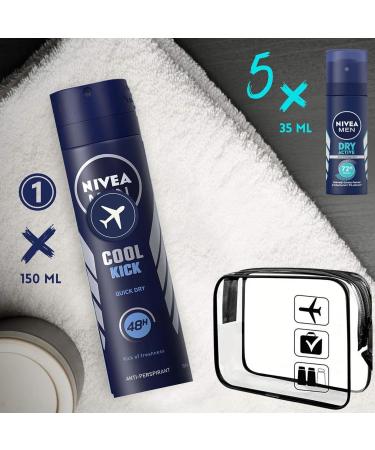 Mens Deodorant Anti-perspirant Mini Spray Bundle with Nivea Dry Active (5x35ml) and Cool Kick 48h (1x150ml) in a Clear Travel Bag Airport Approved - Buy Online on GoSupps.com