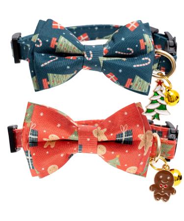 2 Pack Cotton Breakaway Christmas Holiday Autumn Cats Collar with Bow Tie Red Green Cat Collars for Girl Female Boy Male Cat Collar with Bell Charms B-Red&Green