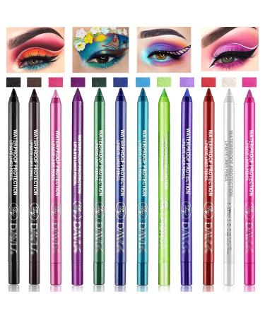 Geruicee 12 Colors Eyeliner Pen Set Glitter Eyeliner Pencil Pearl Eyeliner Pencil Waterproof Colored Eyeliners Long-Lasting Professional Eye Makeup Set for Women