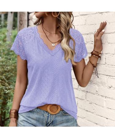 Lace Trim V Neck Women's Summer T-Shirt | Floral Embroidered Blouse (Purple, Size Small) - Buy Online on GoSupps.com