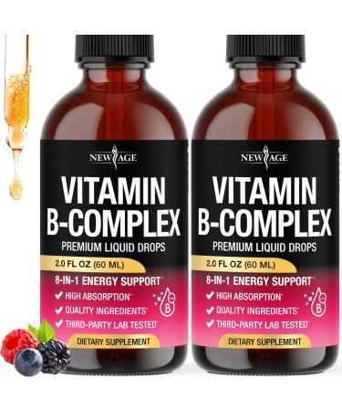 NEW AGE Vitamin B-Complex B5 Pantothenic Acid | B12 Methylcobalamin | B1 Thiamine | B6 Pyridoxine | B7 Biotin | B9 Folic | B3 Niacinamide - B Complex Liquid Drops, Made in USA Supplement - 4fl oz 2 Fl Oz (Pack of 2)