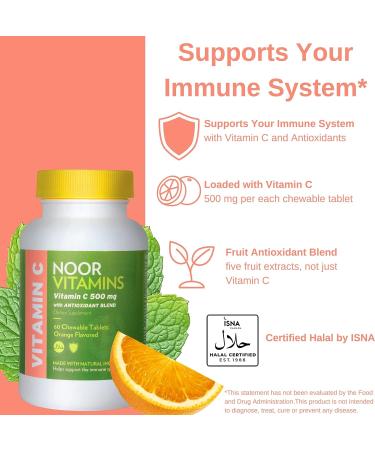 Noor Vitamins 500 MG Halal Vitamin C Chewable Tablets with Rose Hips | Immune Support | Vegan, Gluten-Free, Halal | 60 Orange Flavored Tablets | 2 Month Supply - Buy Online on GoSupps.com