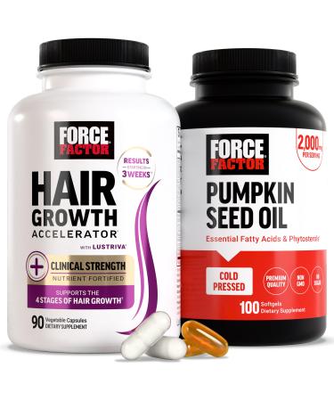 Force Factor Hair Growth Accelerator Multivitamin for Women & Men with Lustriva Biotin Horsetail & Vitamins A B12 C D & E for Thicker Hair Healthier Skin & Nails + Pumpkin Seed Oil Softgels