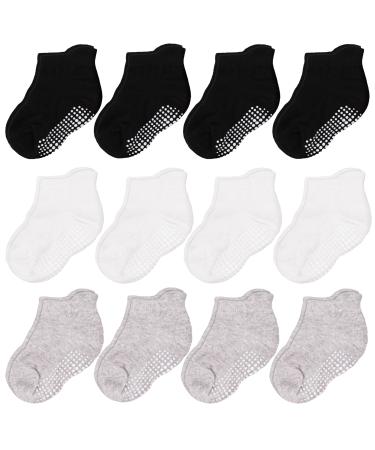 CozyWay Baby Non-Slip Baby Socks Toddler Socks With Grippers Ankle Style 6-12 Months Black White Grey 12 Pairs