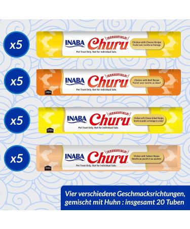 Inaba Churu Puree Multipack - 20 Tubes (5x Chicken with Cheese Beef Cheese & Beef Salmon) - 280g | International Shipping Available - Buy Online on GoSupps.com
