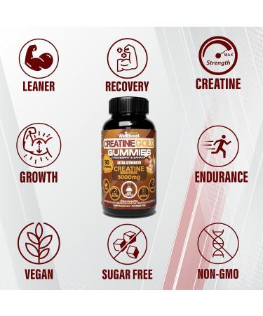 WellBoost Creatine Gold 5000mg Creatine Monohydrate Vegan Sugar-Free Gummies for Lean Muscle Growth Endurance Recovery & Energy (1 Month Supply) in Starwberry and Banana Flavour. - Buy Online on GoSupps.com