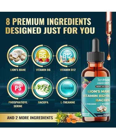 Tenmido 8in1 Lions Mane Mushroom - Extract Liquid Supplement with Phosphatidylserine Bacopa L-Theanine Rhodiola Rosea Turmeric Curcumin and More - 30ml 1 Fl Oz - Buy Online on GoSupps.com