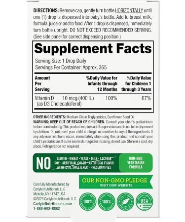 Carlyle Lil' Sprouts Baby Vitamin D3 400 IU | Liquid Drops | 1 Year Supply | Non-GMO & Gluten-Free Formula for Infants - Buy Online on GoSupps.com