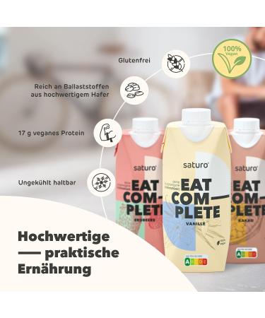 Saturo Vegan Meal Replacement Test Package - 24x330ml | 26 Nutrients & 330kcal in Strawberry Chocolate & Vanilla Flavors | Ideal for Healthy Living & International Shipping - Buy Online on GoSupps.com