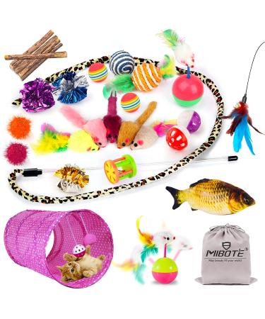 MIBOTE 28Pcs Cat Toys Kitten Toys Assorted, Cat Tunnel Catnip Fish Feather Teaser Wand Fish Fluffy Mouse Mice Balls and Bells Toys for Cat Puppy Kitty