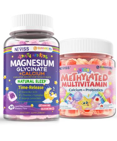 Kids Methylated Multivitamin with Calcium Probiotics Vitamin D3 K2 + Magnesium Glycinate with Calcium Filled Gummies for Adults and Kids 4+ Sleep Gummies Melatonin Free Sugar Free