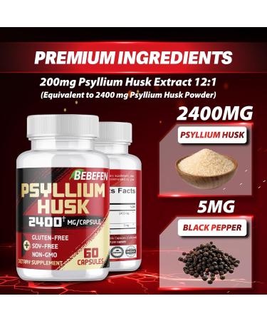 BEBEFEN Psyllium Husk Capsules 2400mg with Black Pepper - 2 Month Supply - Daily Soluble Fiber for Gut Health - Non-GMO and Gluten-Free Formula - Buy Online on GoSupps.com