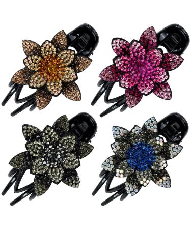 Dizila 4 Pack Luxury Glitter Sparkly Crystals Rhinestones Big Flower Hair Claws Clips Barrettes Hairpins Clamps Strong Holders Hair Accessories for Women Girls Thick Long Hair