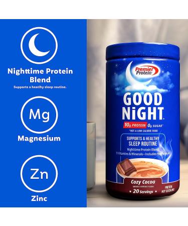Premier Protein Good Night Hot Cocoa Mix - 10g Protein, 0g Sugar, 11 Vitamins & Minerals - Nighttime Protein Blend with Magnesium & Zinc - 20 Servings - Buy Online on GoSupps.com