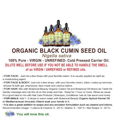 Botanical Beauty Organic BLACK CUMIN SEED OIL Nigella sativa 100% Pure Natural Virgin Undiluted 1 Fl.oz.- 30 ml for Face Skin Hair Lip Nails. Rich in Vitamin C vitamin E - Buy Online on GoSupps.com