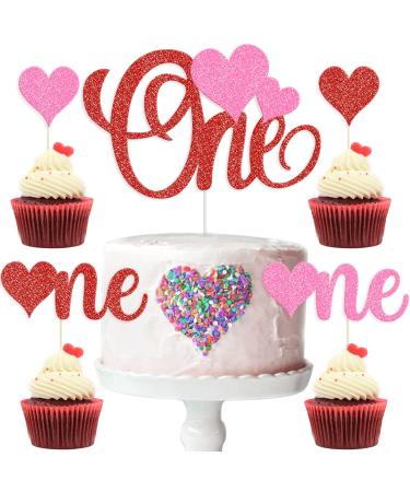 Valentines One Cake Topper and 24Pcs Valentines Heart Cupcake Toppers Red Pink Glitter Sweet Love One Cupcake Toppers for Valentines Wedding Anniversary Baby Shower First Birthday Party Cake Decor