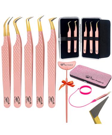 TIPU Lash Tweezers for Eyelash Extensions Set 0f 5 Pack- Diamond Grip Japanese Stainless Steel Fiber Tip lash Tweezers for Professional Volume Eyelash extensions With protector Wristband (Pink Gold)