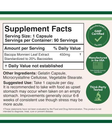 Bacopa Monnieri Capsules 20% Bacosides 450mg 90 Count (Non-GMO Gluten Free) Brahmi Extract (Memory Supplement for Brain Health Focus and Cognitive Function) by Double Wood - Buy Online on GoSupps.com