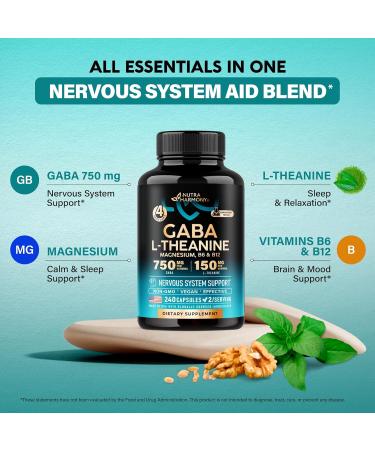 GABA L-Theanine 900 mg - Made in USA - Magnesium | Vitamin B6 - Calm, Sleep, Relaxation & Mood Support - 750 mg Gamma AminoButyric Acid, 150 mg L-Theanine - Non-Habit Forming, Vegan - 240 Capsules 240 Count (Pack of 1) - Buy Online on GoSupps.com