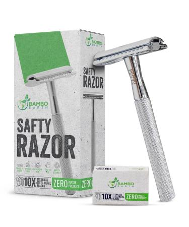 Double Edge Safety Razor - Single Shaving Metal Razors With 10 Platinum Coated Stainless Steel Double Edge Blades Reusable Eco And Travel Friendly Saftey Shaver Blade Set Men Women (Silver Single) Silver - Single