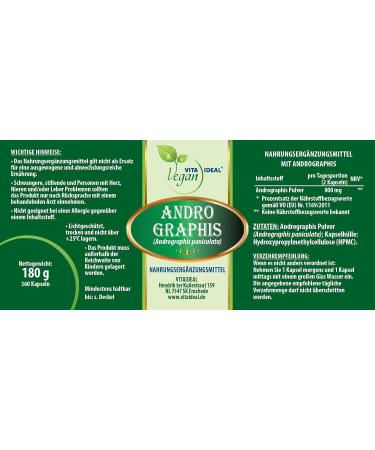 Vita Ideal Vegan Andrographis - 360 Capsules of Pure Chiretta Herb (800mg Daily Portion) - Vegan Additive-Free Health Supplement for Immunity and Wellness - Buy Online on GoSupps.com