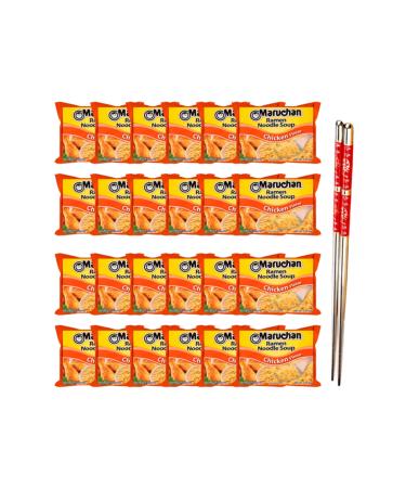 Ja Cor Instant Ramen Noodle Soup Chicken Flavor Noodles 3 oz. Bulk Pack Bundle with 1-Set of Reusable Stainless Steel Chopsticks(24 Individual Packs)