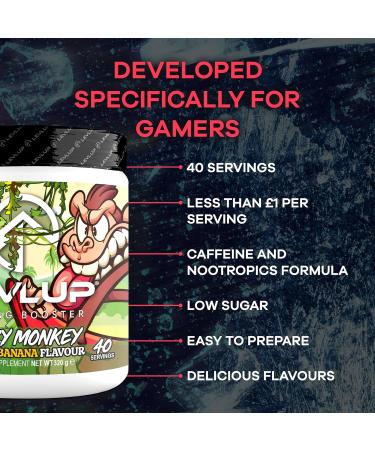 LevlUp Crazy Monkey Gaming Booster 320g - Cherry Banana Energy Drink for Gamers | Focus with Taurine, Caffeine & L-Tyrosine - Buy Online on GoSupps.com