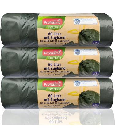 Eco Garbage Bags with Pull Tape - 60L (60 pcs) | Tear-Resistant Liquid-Tight 3-Pack | Blue Angel Certified - Buy Online on GoSupps.com