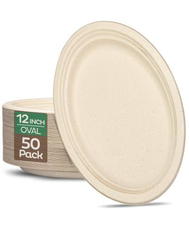 100% Compostable Oval Paper Plates 12.5 inch - 50-Pack Elegant Disposable Dinner Platter Heavy-Duty Quality, Natural Bagasse Unbleached Eco-Friendly Made of Sugar Cane Fibers, 12.5" x 10" Platter