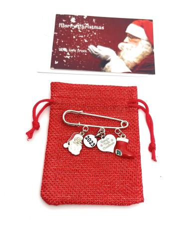 Baby's First Christmas 2023 Keepsake Brooch with Santa and Stocking Charms (Velvet Gift Bag)