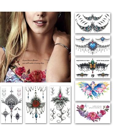Large Chest Temporary Tattoo Sticker  Mandala Back Waist Temporary Tattoo Sticker  Fake Tattoos for Women Lady  8-Sheet Color Jewery
