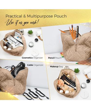 Large Camel Brown Makeup Bag - Stylish Zippered Organizer for Women & Girls | Versatile Travel Pouch with Multiple Compartments - Buy Online on GoSupps.com